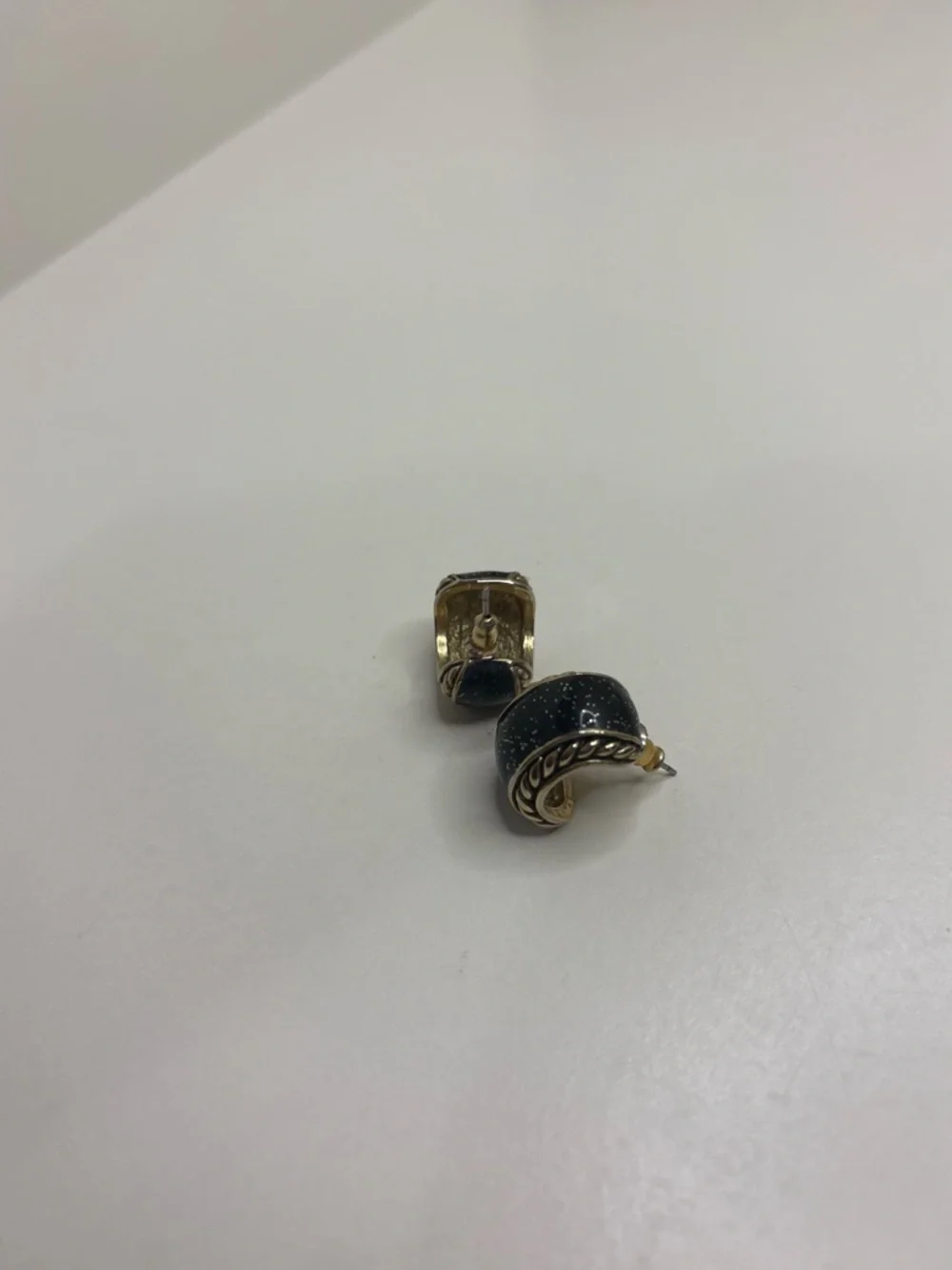 Vintage Gold Tone Rope Twist J Hoop Earrings Black Galaxy Enamel Sparkle Hoops